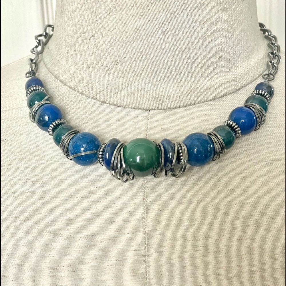 Premier Designs blue, green and silver beaded necklace